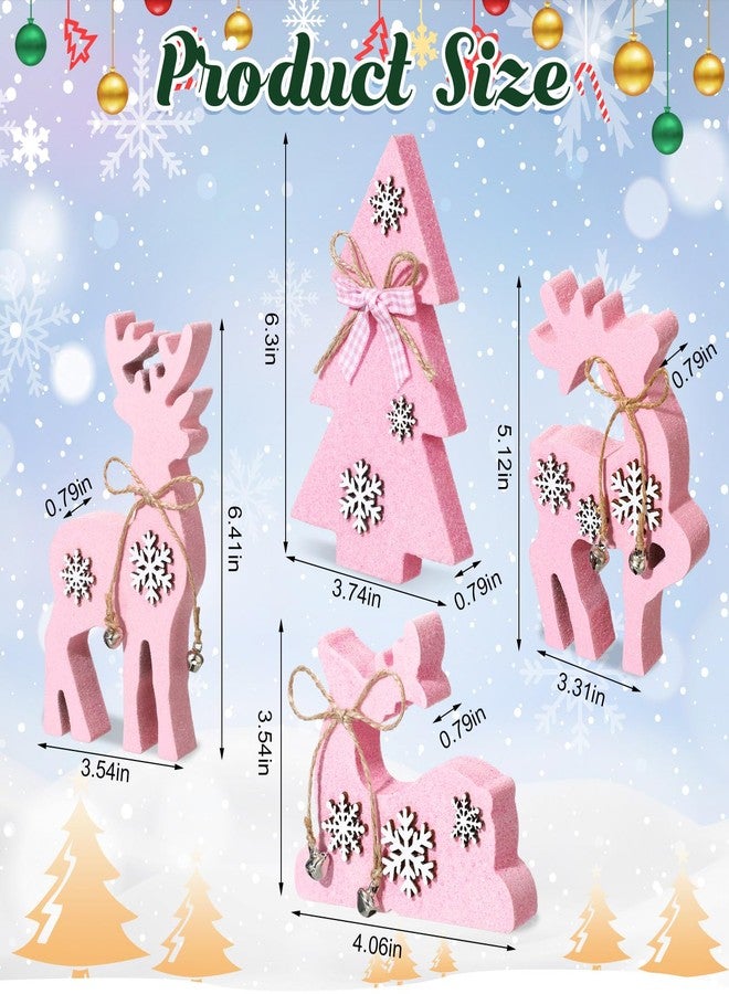 Barydat 4 Pcs Christmas Reindeer Tabletop Decorations 3 Reindeer 1 Christmas Tree Wooden Centerpiece Indoor Rustic Standing Tabletop for Home Xmas Decor(Pink) - Image 2
