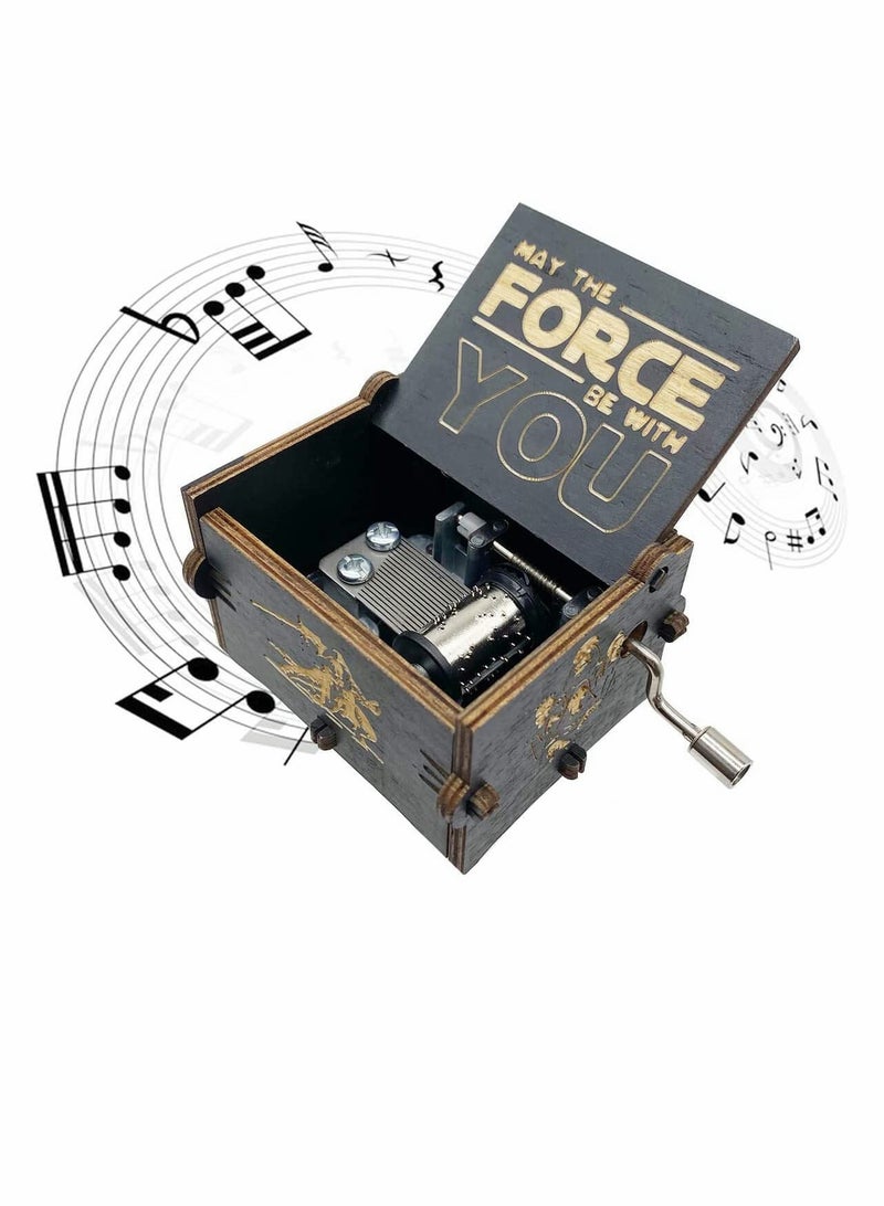 Excefore Star Wars Music Box Wooden Hand Crank Unique Musical Boxes Theme Starwars Mini Antique Vintage Craft Laser Engraved Home Decorations for Wedding Valentines Birthday Gifts Vintage Wooden (Black)  - Image 1