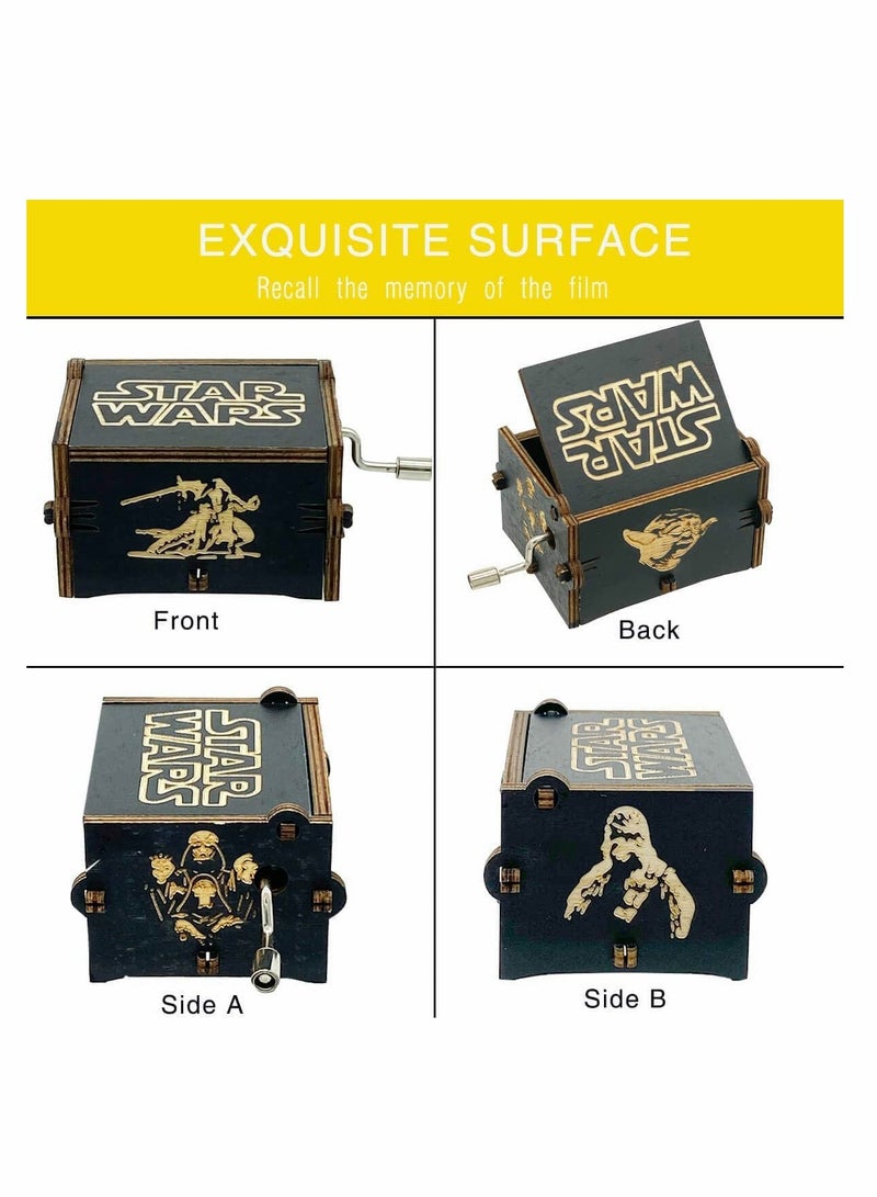 Excefore Star Wars Music Box Wooden Hand Crank Unique Musical Boxes Theme Starwars Mini Antique Vintage Craft Laser Engraved Home Decorations for Wedding Valentines Birthday Gifts Vintage Wooden (Black)  - Image 5