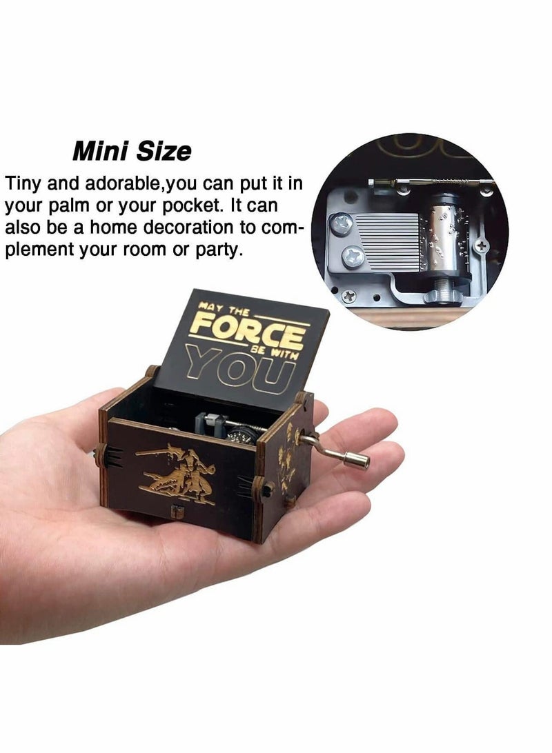 Excefore Star Wars Music Box Wooden Hand Crank Unique Musical Boxes Theme Starwars Mini Antique Vintage Craft Laser Engraved Home Decorations for Wedding Valentines Birthday Gifts Vintage Wooden (Black)  - Image 2