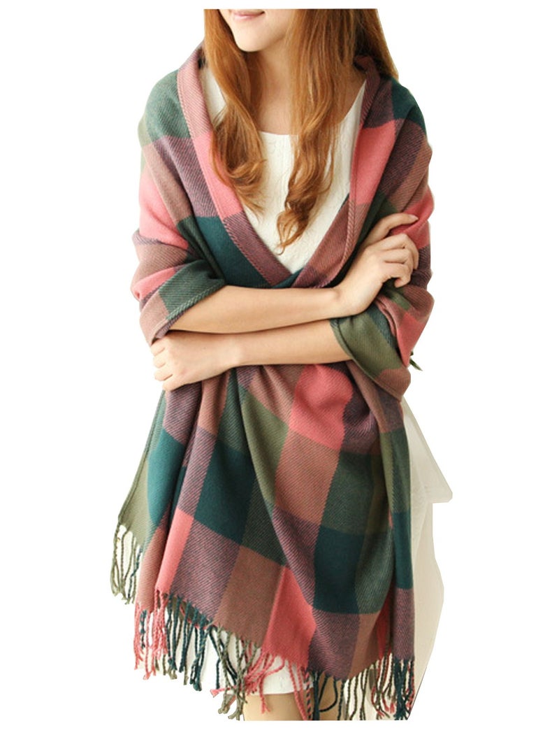 Wander Agio Women's Fashion Long Shawl Big Grid Winter Warm Large Scarf Red Black Green - Image 1