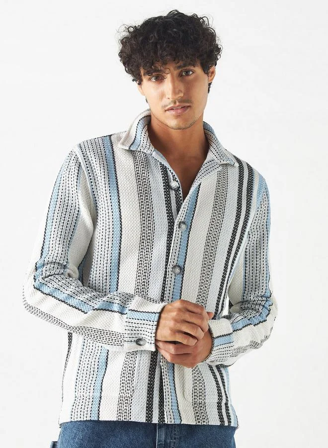 Lee Cooper Stripe Textured Shacket with Long Sleeves