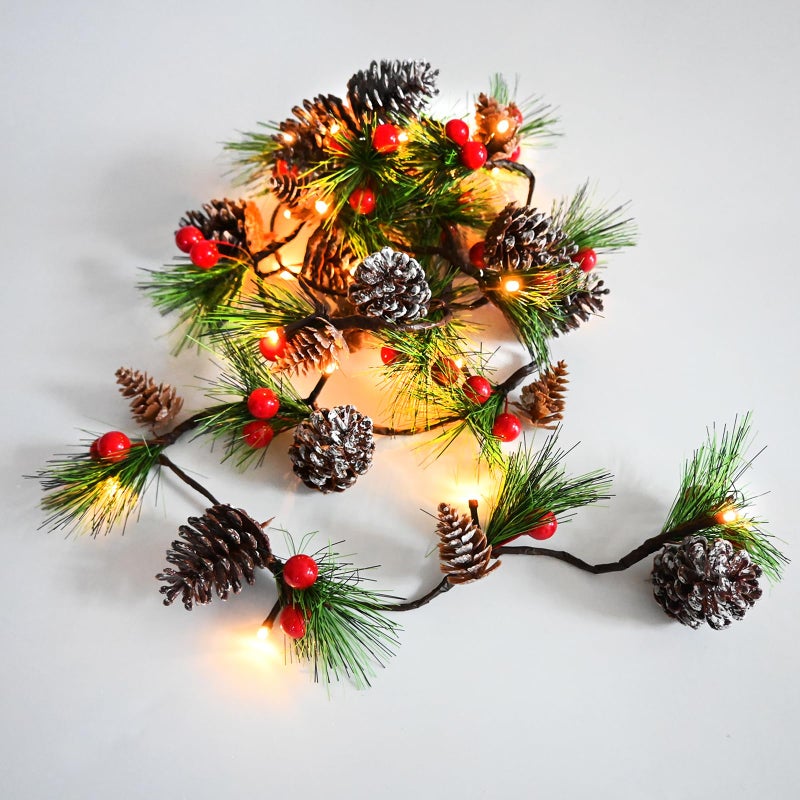 HamiFinee Christmas Garland Lights 656FT Holiday Prelit Garlands Pine Cone Garland with Red Berry Upgraded Battery Operated Garland with LED Lights Xmas Decor Lights for Outdoor Indoor Christmas