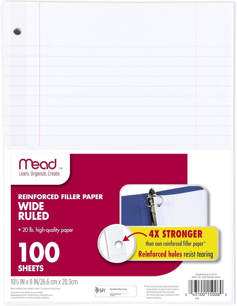Mead Loose Leaf Paper, Wide Ruled Filler Notebook Paper, Reinforced, 8" x 10-1/2", 100 Sheets, Fits 3-Ring Binder (15006) - Image 1