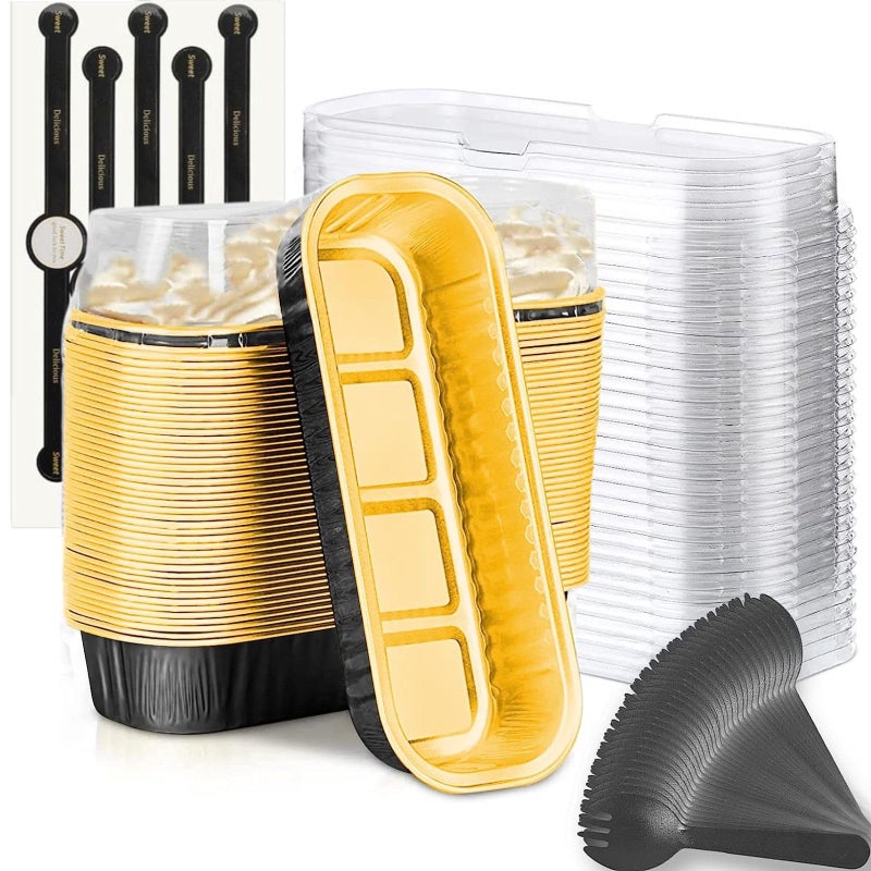 Findful Mini Loaf Baking Pans with Lids and Spoons (50 Pack, 6.8oz) Rectangle Aluminum Foil Baking Pans Tins Containers - Cupcake Containers Wrappers Cheesecake Creme Brulee Ramekins - Image 1