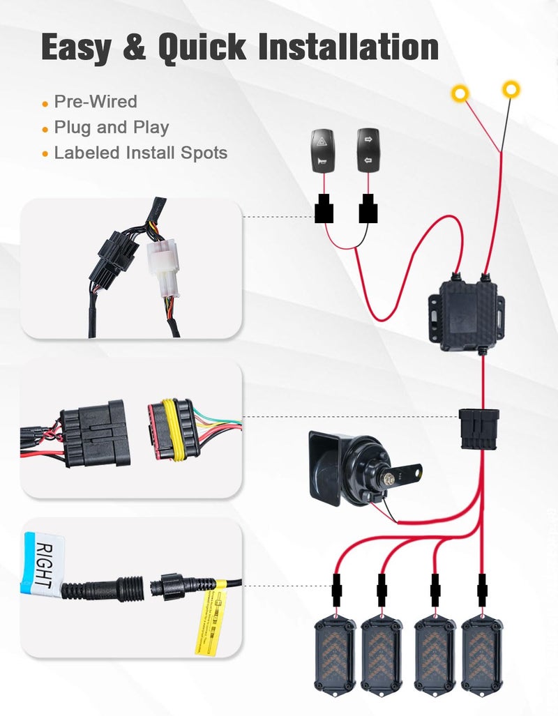 BystralX UTV Turn Signal Kit with 110dB Horn, Pre-Wired, Plug and Play UTV ATV Blinker with Rocker Switch, Rectangle Universal Street Legal Turn Signals Compatible with Polaris, Can-Am, Teryx, CFMOTO - Image 5