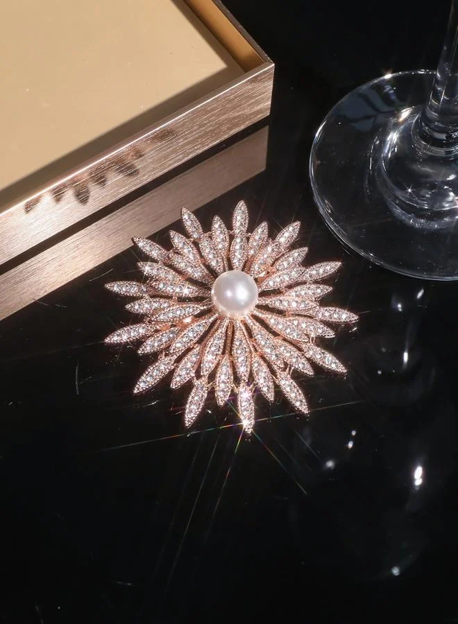تايك تو دبوس بروش ذهبي على شكل زهرة كريستالية مع لؤلؤ صناعي