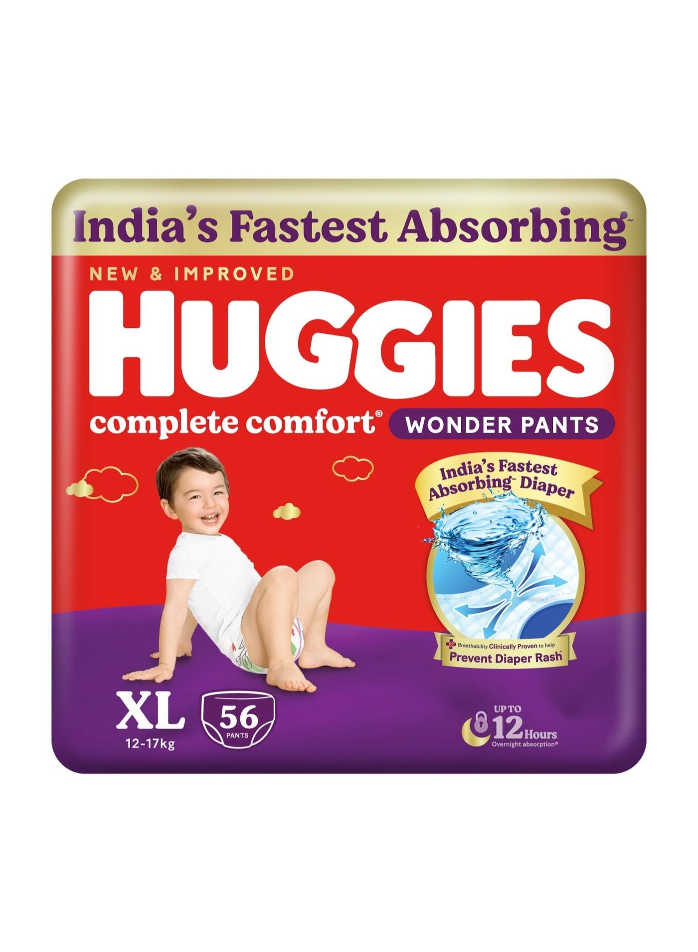 Huggies Complete Comfort Wonder Pants | Pant Style Baby Diapers Extra Large Size (XL), 56 Count | India's Fastest Absorbing Diaper, Prevents Diaper Rash, Ideal for 12 to 17 Kgs