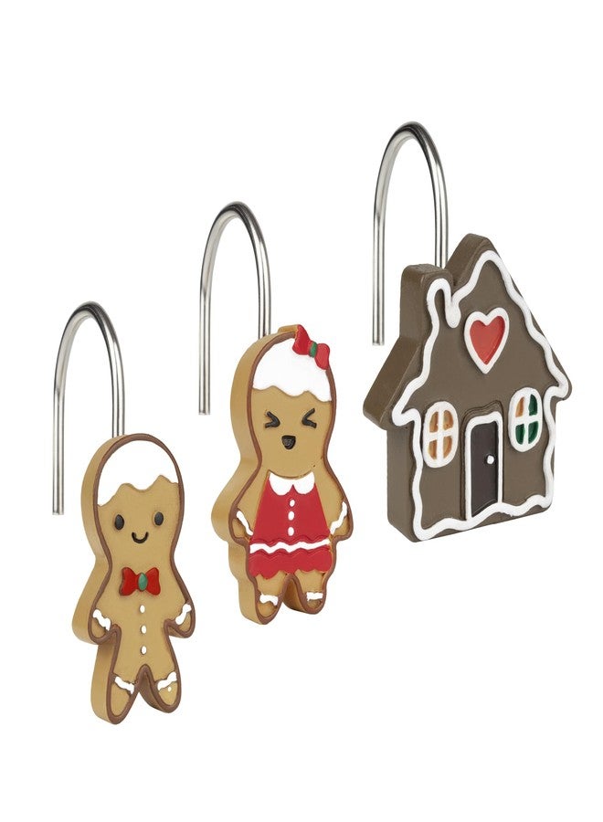 Sunlit Christmas Decorative Shower Curtain Hooks, Cute Gingerbread Man Family House Cookie Shower Curtain Rings, Xmas Winter Holiday Bathroom Decoration for Kids Girls Boys Children, Resin, Set of 12 - Image 1
