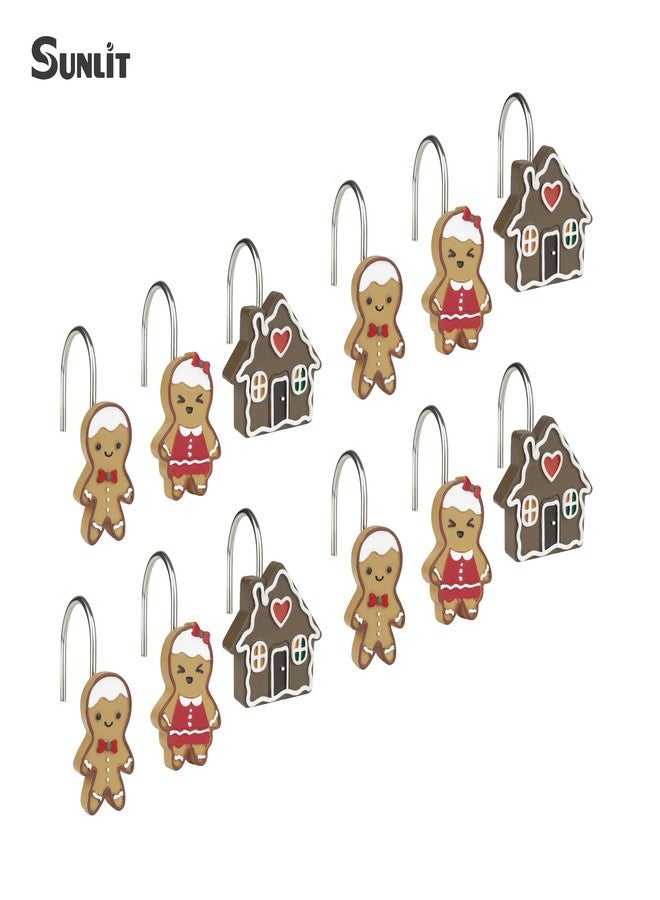 Sunlit Christmas Decorative Shower Curtain Hooks, Cute Gingerbread Man Family House Cookie Shower Curtain Rings, Xmas Winter Holiday Bathroom Decoration for Kids Girls Boys Children, Resin, Set of 12 - Image 2