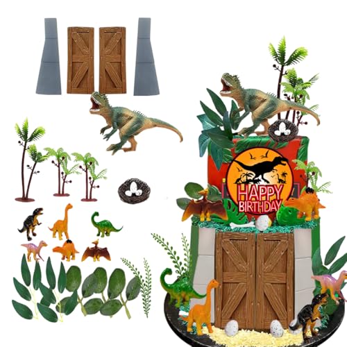 DiDida Dinosaur Cake Toppers Dinosaur Park Cake Topper with Park Door Eggs Leaves Trees Cake Decorations For Birthday - Image 1
