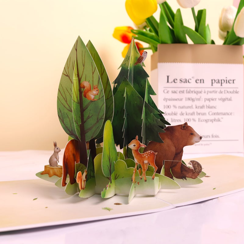 Woodland Animals Pop Up Card Handcrafted Forest Scene Squirrel Deer Bear Rabbit Invitation - Image 2