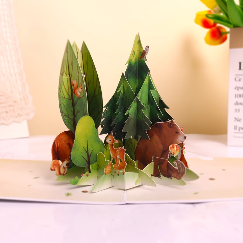 Woodland Animals Pop Up Card Handcrafted Forest Scene Squirrel Deer Bear Rabbit Invitation - Image 1
