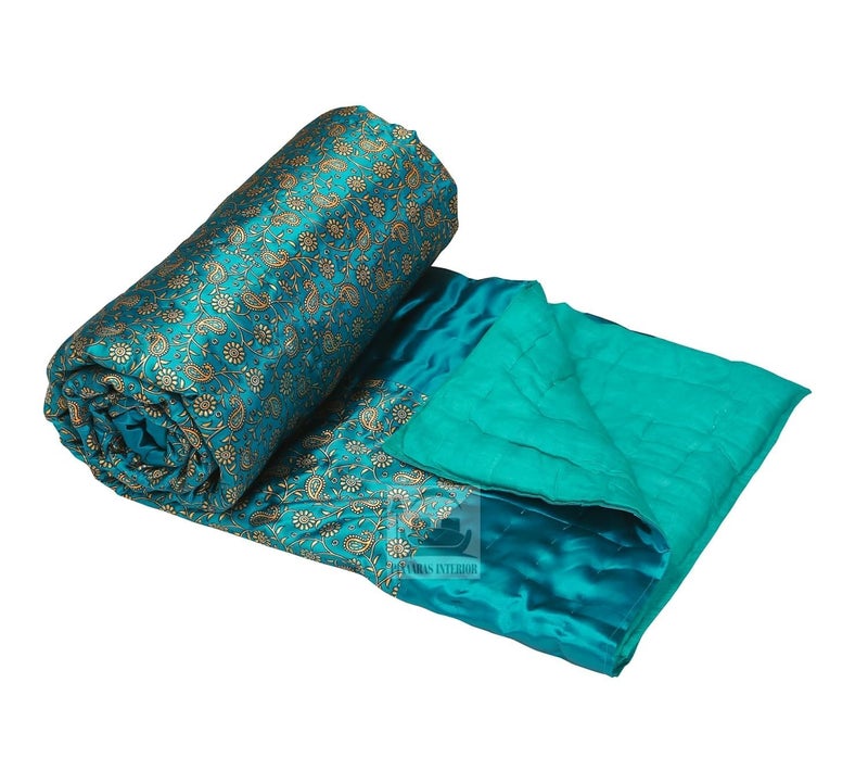LOARSHY Rajasthani Gold Printed Jaipuri Silk Fillling Pure Cotton Traditional Quilt/Razai/Rajai [Light Weight, Rama Green, Double Bed - 100X87 Inches] - Image 1