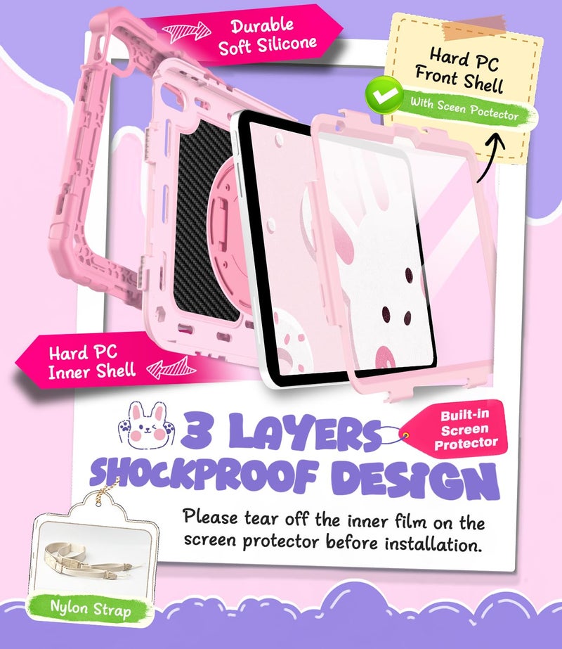 Cantis Case for iPad 11-inch (A16) 2025/ iPad 10th Generation 2022 (10.9 inch) with Screen Protector, 11th Case with 360 Degree Rotating Stand/Shoulder Strap/Pencil Holder, Pink+Light Pink - Image 3
