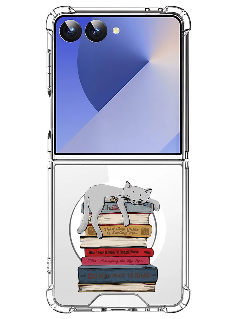 Theodor Magnetic Case for Samsung Galaxy Z Flip 7 Compatible with MagSafe Wireless Charging, Shockproof Phone Bumper Cover Cat on books - Image 1