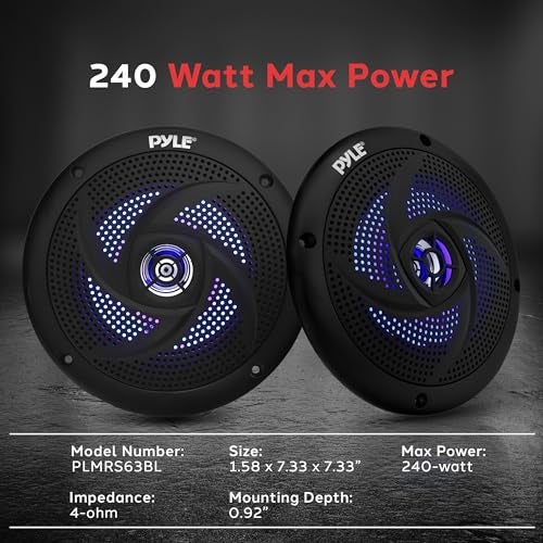 Pyle Waterproof Marine Speakers, 6.5 Inch Low-Profile Slim Mount 240 Watt Speaker Pair with Built-in Blue LED Lights, Weather-Resistant, ABS Grille, Ideal Waterproof Speaker for Boats & Powersports - Image 2