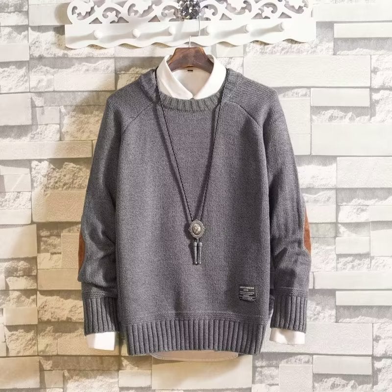 2022 Autumn Trendy Simple Atmospheric Casual Pullover Long-Sleeved Knitted Sweater Men'S Crewneck Loose Solid Color Plaque Sweater - Image 3