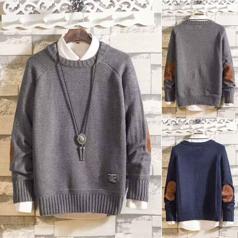 2022 Autumn Trendy Simple Atmospheric Casual Pullover Long-Sleeved Knitted Sweater Men'S Crewneck Loose Solid Color Plaque Sweater - Image 2