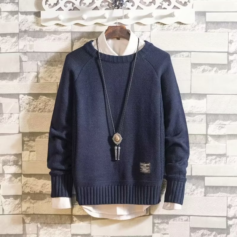 2022 Autumn Trendy Simple Atmospheric Casual Pullover Long-Sleeved Knitted Sweater Men'S Crewneck Loose Solid Color Plaque Sweater - Image 5