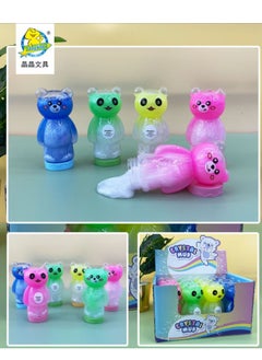 Generic Crystal Slime in the shape of a teddy bear. Type: Crystal Slime Shape: Little teddy bear Colors: Blue, Green, Yellow, Pink Texture: The texture appears pearly and shiny, making it visually and tactilely appealing. * Stretchable and moldable: Children can mold and stretch it in different ways, providing them with sensory enjoyment. 