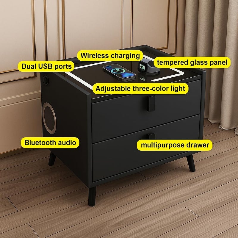 Harmony Homes طاولة جانبية ذكية من هارموني هوم مع شحن لاسلكي، منافذ USB ومكبر صوت بلوتوث – طاولة سرير حديثة مع 2 درج وإضاءة LED قابلة للتعديل – طاولة جانبية لغرفة النوم والمعيشة – سوداء - Image 2