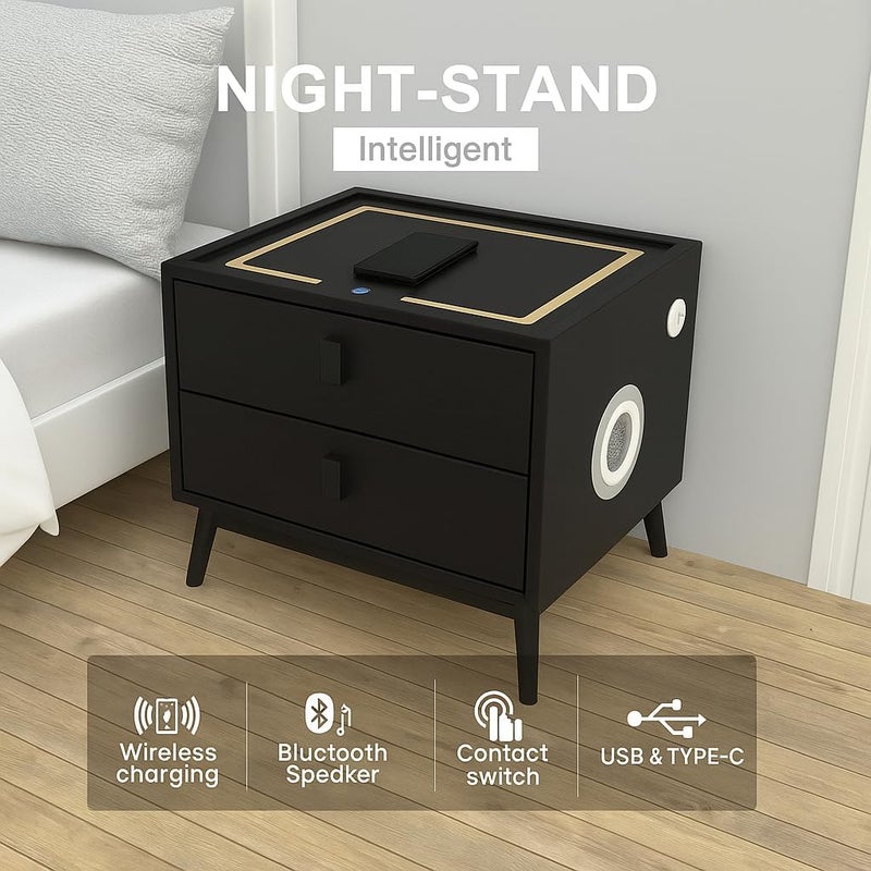 Harmony Homes طاولة جانبية ذكية من هارموني هوم مع شحن لاسلكي، منافذ USB ومكبر صوت بلوتوث – طاولة سرير حديثة مع 2 درج وإضاءة LED قابلة للتعديل – طاولة جانبية لغرفة النوم والمعيشة – سوداء - Image 5