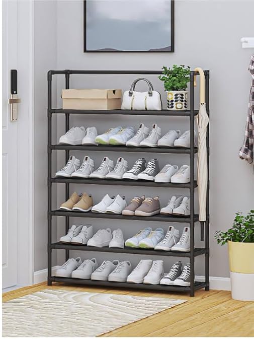 TRADY 6 -Tier Shoe Rack,Stackable Wide Shoe Shelf for Shoe Storage,Sturdy Shoe Stand,Non-Woven Fabric Long Shoe Organizer for Closet,Shoe Holder for Entryway and Bedroom [ Black - White ] - Image 1