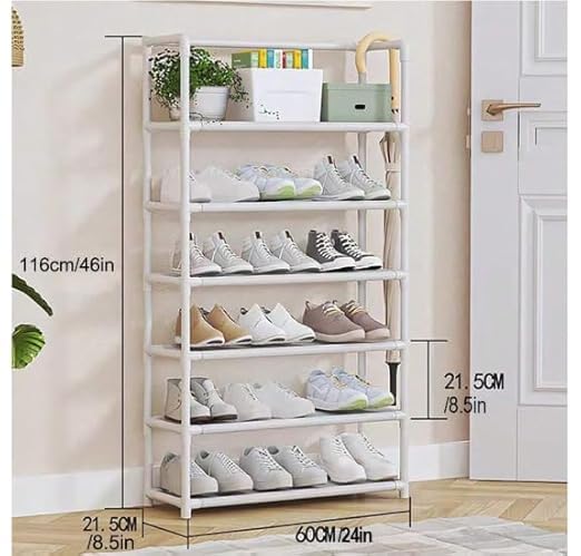 TRADY 6 -Tier Shoe Rack,Stackable Wide Shoe Shelf for Shoe Storage,Sturdy Shoe Stand,Non-Woven Fabric Long Shoe Organizer for Closet,Shoe Holder for Entryway and Bedroom [ Black - White ] - Image 2