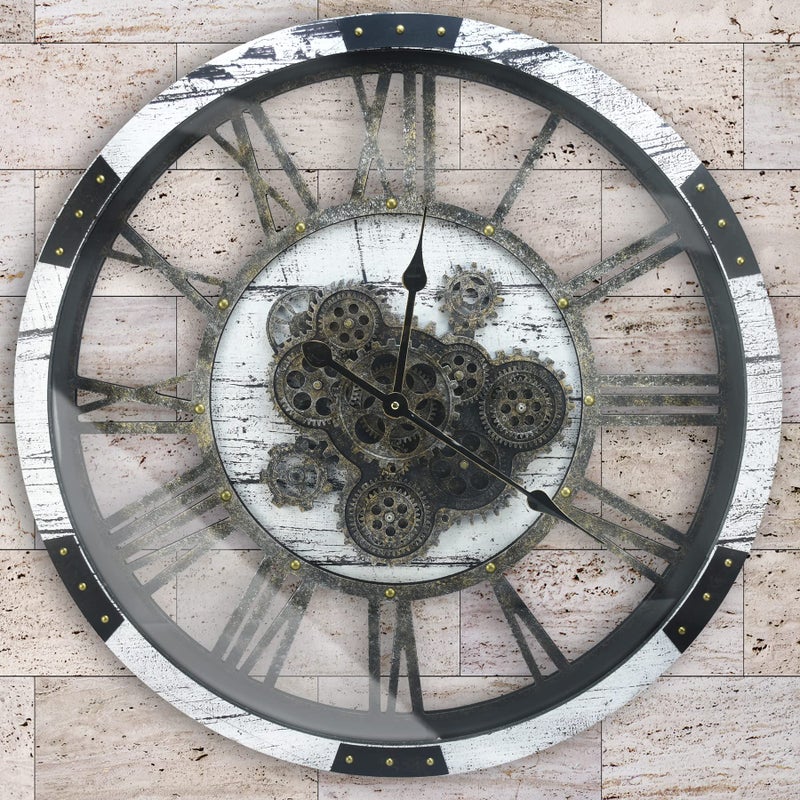 DORBOKER DORBOKER 27 Inch Large Wall Clock Farmhouse Wooden Clock with Moving Gears HD Toughened Glass Cover Oversized Industrial Steampunk Rustic Wall Clock for Living Room Decor Home Kitchen Office White 