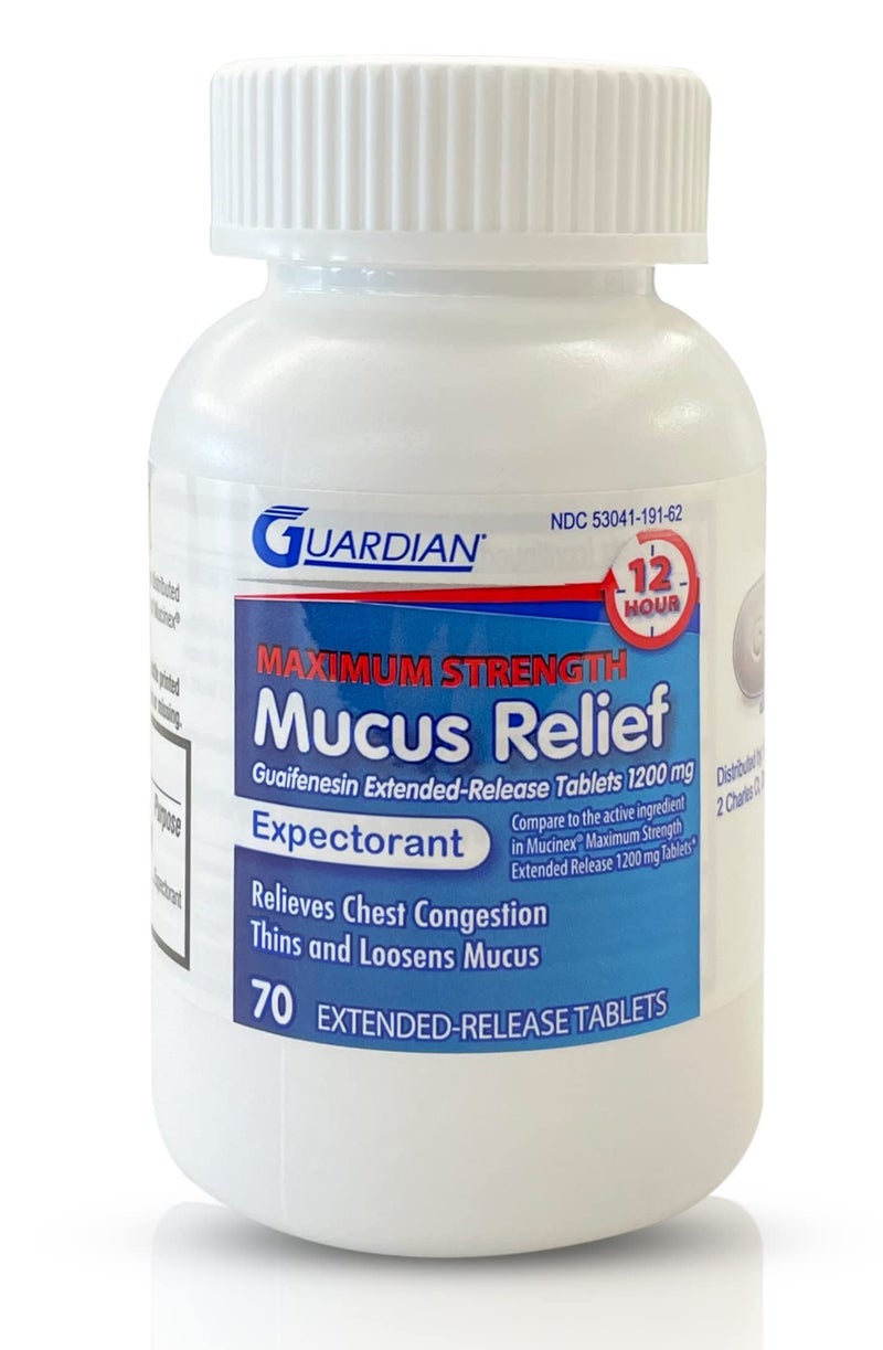 Guardian Mucus Relief 12 Hour (70 Count) Extended Release Guaifenesin, 1200mg Maximum Strength, Chest Congestion Expectorant Tablets (70 Count Bottle (Pack of 1)) - Image 1
