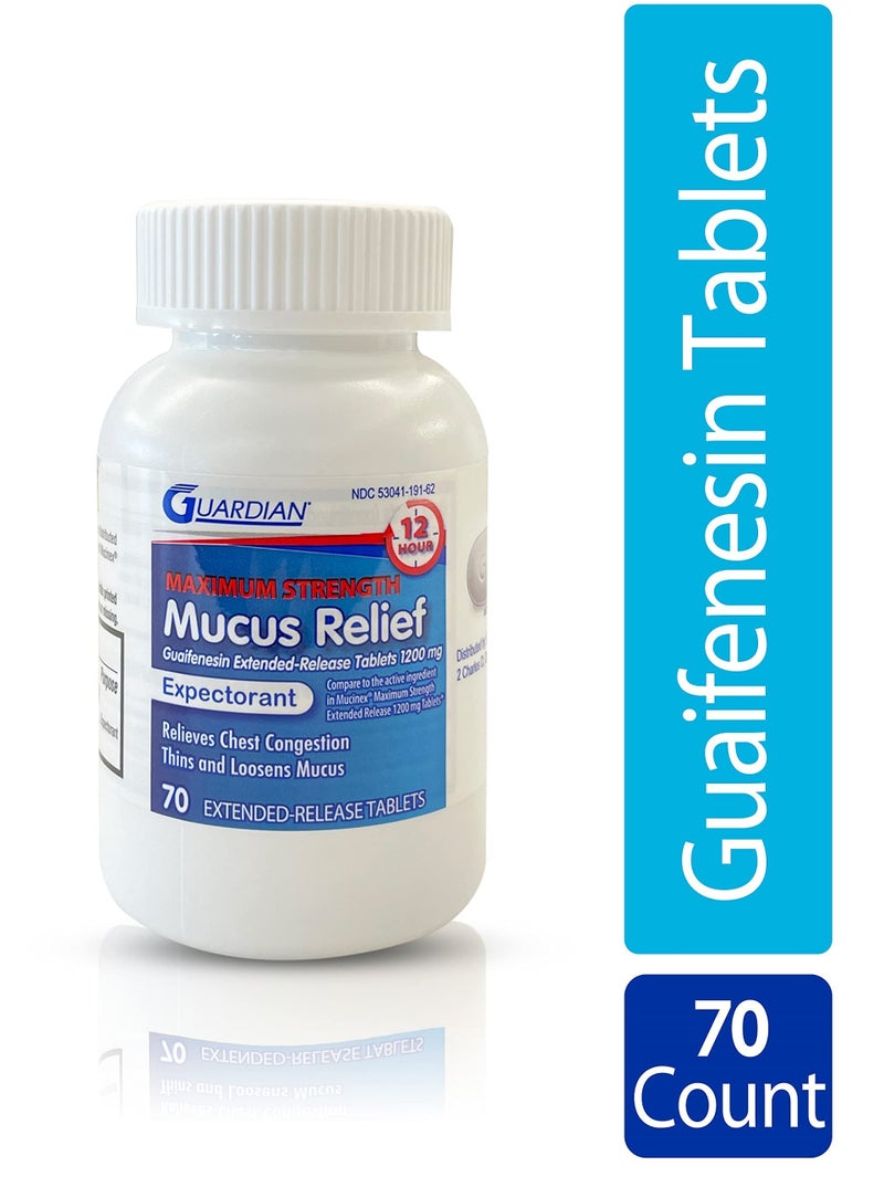 Guardian Mucus Relief 12 Hour (70 Count) Extended Release Guaifenesin, 1200mg Maximum Strength, Chest Congestion Expectorant Tablets (70 Count Bottle (Pack of 1)) - Image 2
