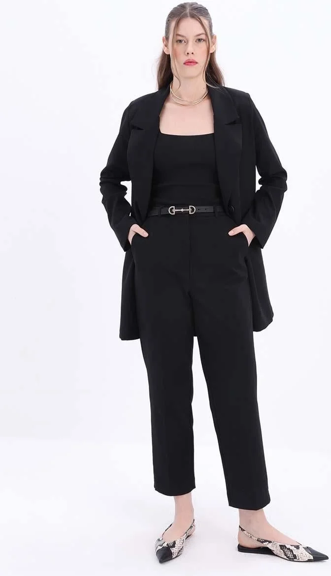 Allday Black-Cotton Plus Size Fabric Trousers
