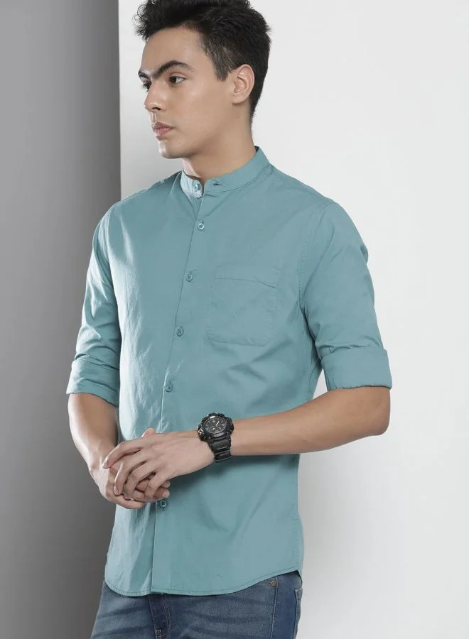 The Indian Garage Co Men Regular Fit Solid Full Sleeves Mandarin Collar Casual Shirt