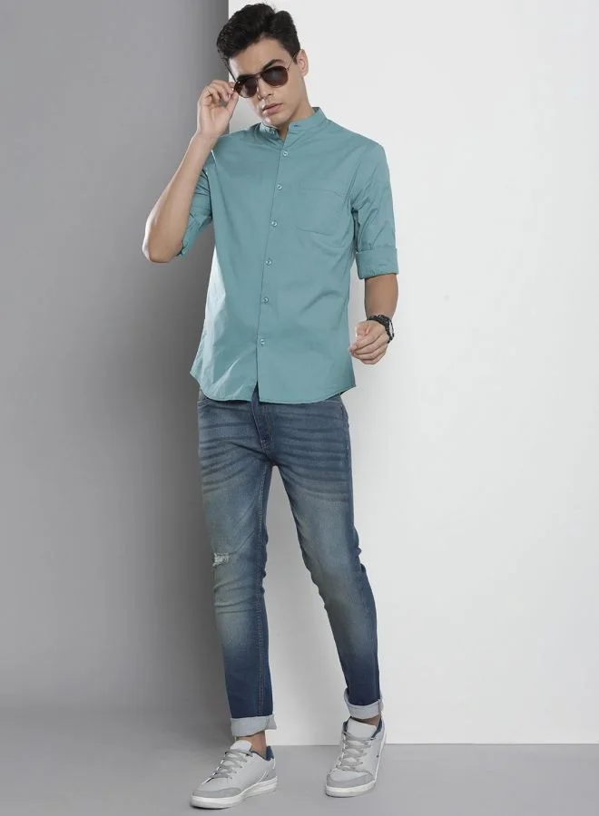 The Indian Garage Co Men Regular Fit Solid Full Sleeves Mandarin Collar Casual Shirt