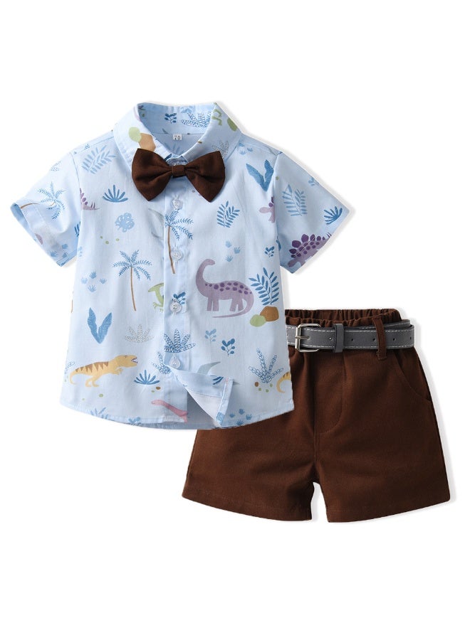 KUYING New Short Sleeved Shirt Belt Shorts Two-Piece Set 