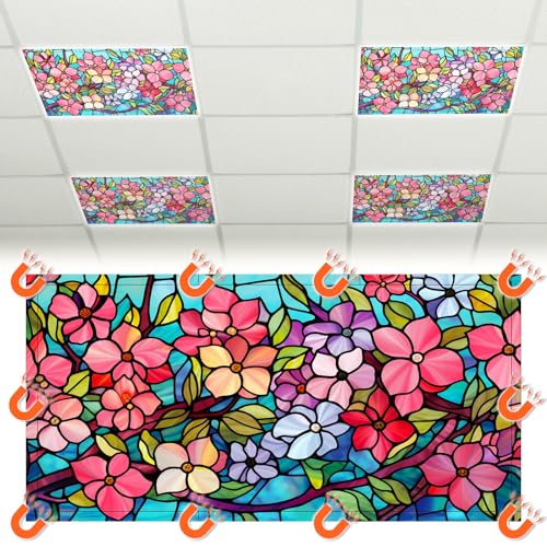 Glooglitter 4 Pcs Colorful Floral Fluorescent Light Covers 4 x 2 ft Stained Glass Magnetic Office Light Cover for Ceiling with 10 Magnets Filter Reduce Glare for Classroom School Home - Image 1