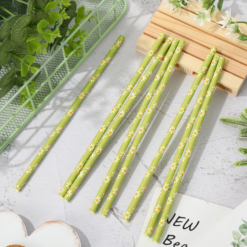 Whaline 100Pcs Flower Drinking Straws Green Boho Daisy Disposable Paper Straws Groovy Floral Decorative Straws for Summer Birthday Baby Shower Party Supplies Juices Shakes Cocktail Decoration - Image 3