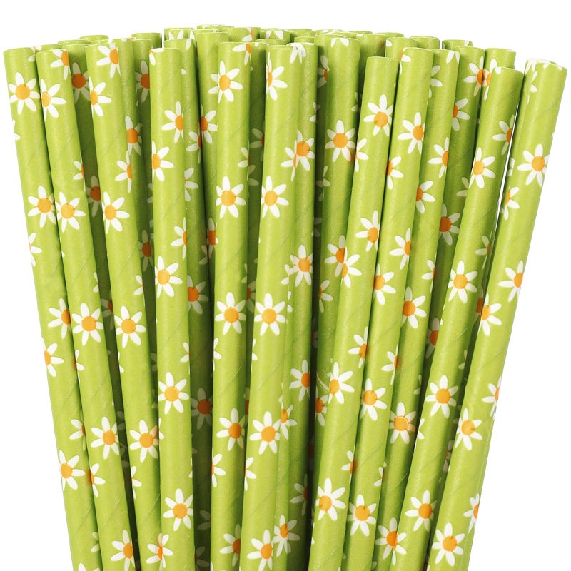 Whaline 100Pcs Flower Drinking Straws Green Boho Daisy Disposable Paper Straws Groovy Floral Decorative Straws for Summer Birthday Baby Shower Party Supplies Juices Shakes Cocktail Decoration - Image 1