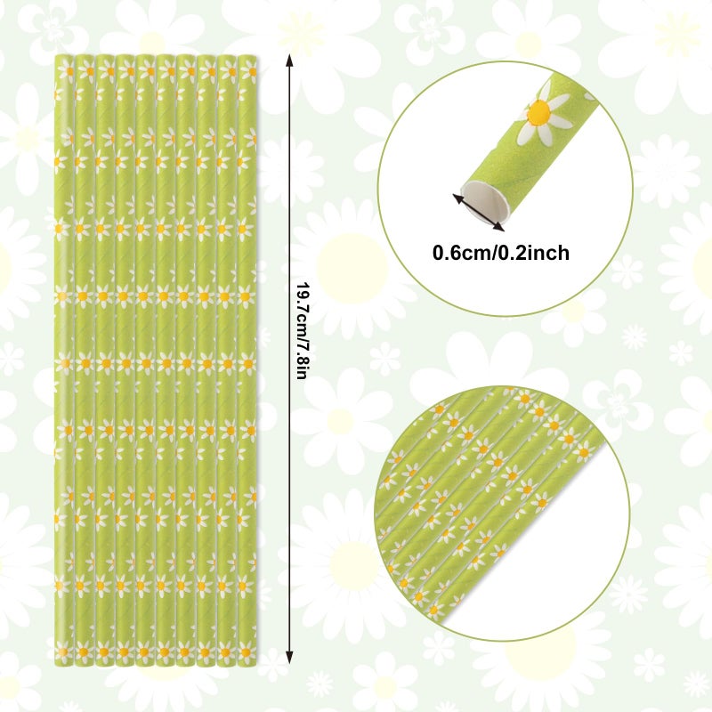 Whaline 100Pcs Flower Drinking Straws Green Boho Daisy Disposable Paper Straws Groovy Floral Decorative Straws for Summer Birthday Baby Shower Party Supplies Juices Shakes Cocktail Decoration - Image 2