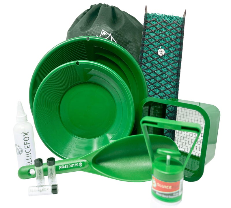 Sluice Fox All-in-One Gold Panning Kit with Portable Sluice â€“ Featuring Miners Moss, Gold Trap Mat, Classifier, and Tote Backpack for Streamlined Gold Prospecting Green - Image 1