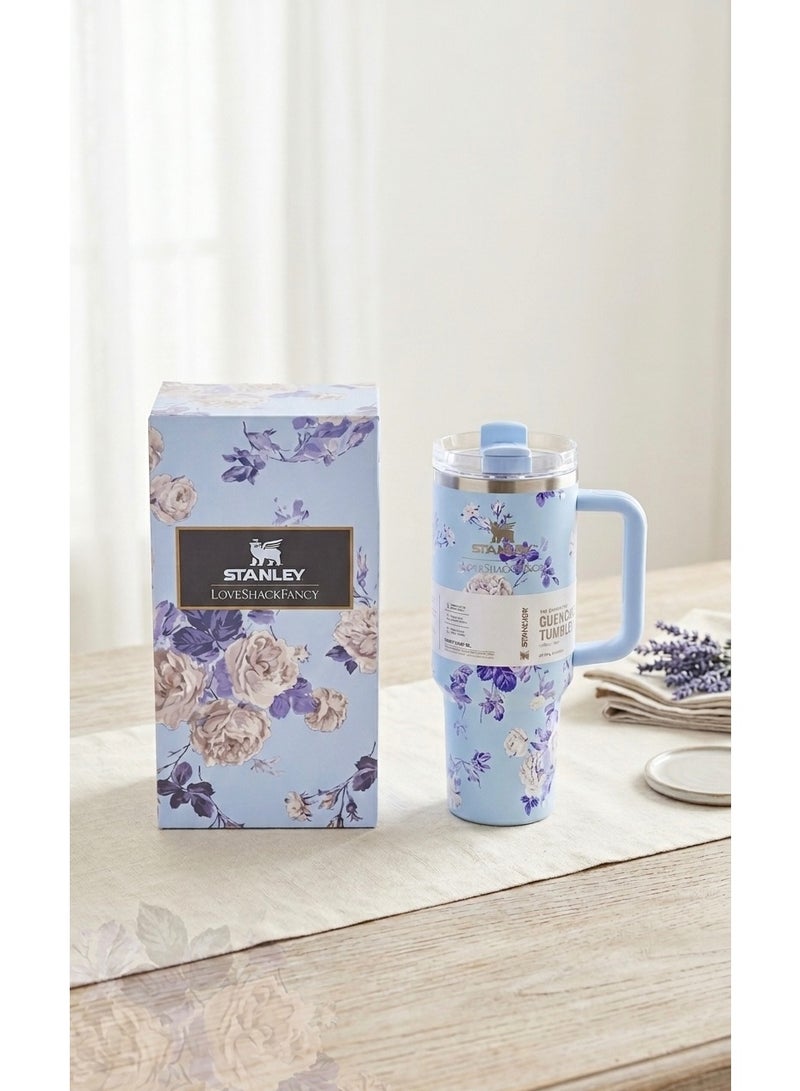 كوب استانلس، كوب استانلس سعة 40 اونصه مع شاليموه ومقبض، كوب معزول مع غطاء كوب للسفر، كوب قهوة من الفولاذ المقاوم للصدأ  للمشروبات المثلجة الساخنة، كوب سفر بمقبض