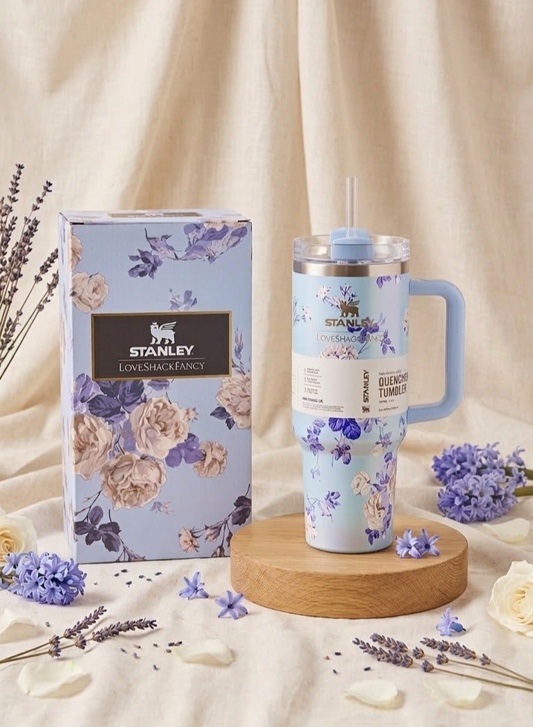 ستانلي كوب استانلس، كوب استانلس سعة 40 اونصه مع شاليموه ومقبض، كوب معزول مع غطاء كوب للسفر، كوب قهوة من الفولاذ المقاوم للصدأ  للمشروبات المثلجة الساخنة، كوب سفر بمقبض - Image 1