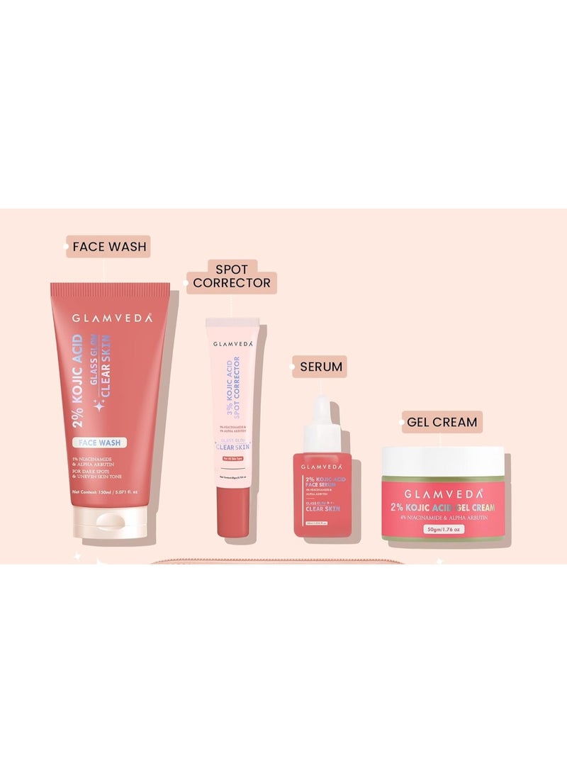 Glamveda 2% Kojic Acid 4 Step Skincare Set  – Facewash 150ml,  Serum 30ml& Cream 50g,3% Kojic Acid  Spot Corrector 30g,| Remove Dark Spots, Pigmentation, Acne Scars & Melasma | Evens Skin Tone - Image 2