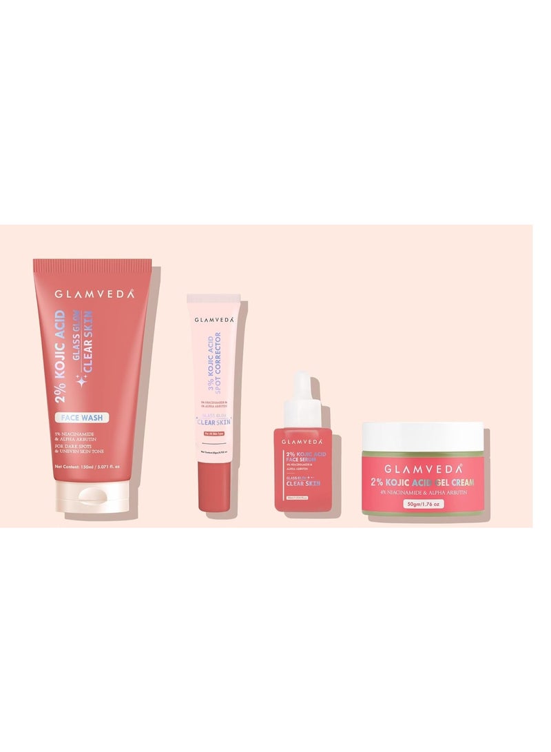 Glamveda 2% Kojic Acid 4 Step Skincare Set  – Facewash 150ml,  Serum 30ml& Cream 50g,3% Kojic Acid  Spot Corrector 30g,| Remove Dark Spots, Pigmentation, Acne Scars & Melasma | Evens Skin Tone - Image 1