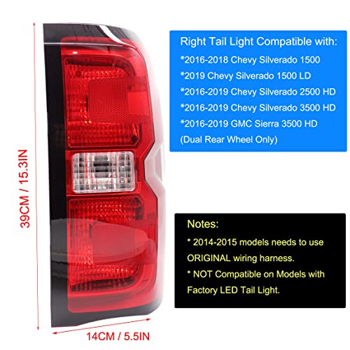 MOCW Right Tail Light Compatible with 2014-2018 Chevrolet Silverado 1500 2500 HD 3500HD, GMC Sierra 3500 HD Taillight Brake Lamps Halogen Bulb and Harness Included, Right Passenger Side - Image 2