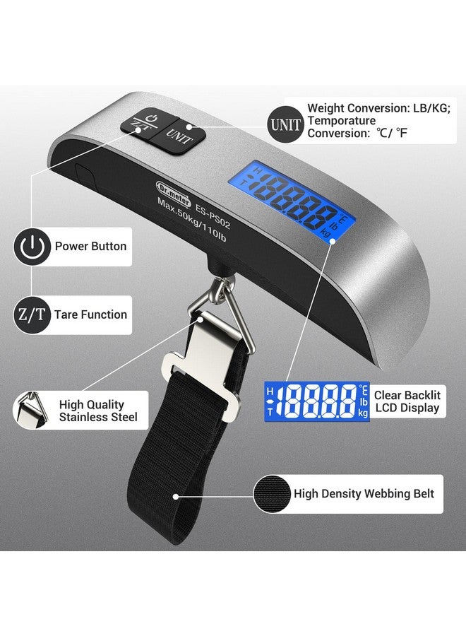 دكتور ميتر ميزان أمتعة من Dr.meter Travel Essentials، ميزان أمتعة بإضاءة خلفية، شاشة LCD، 110 رطل/50 كجم، ميزان إلكتروني، ملحقات سفر بريدية رقمية، مقبض مطلي بالمطاط، مستشعر درجة الحرارة، فضي  - Image 2