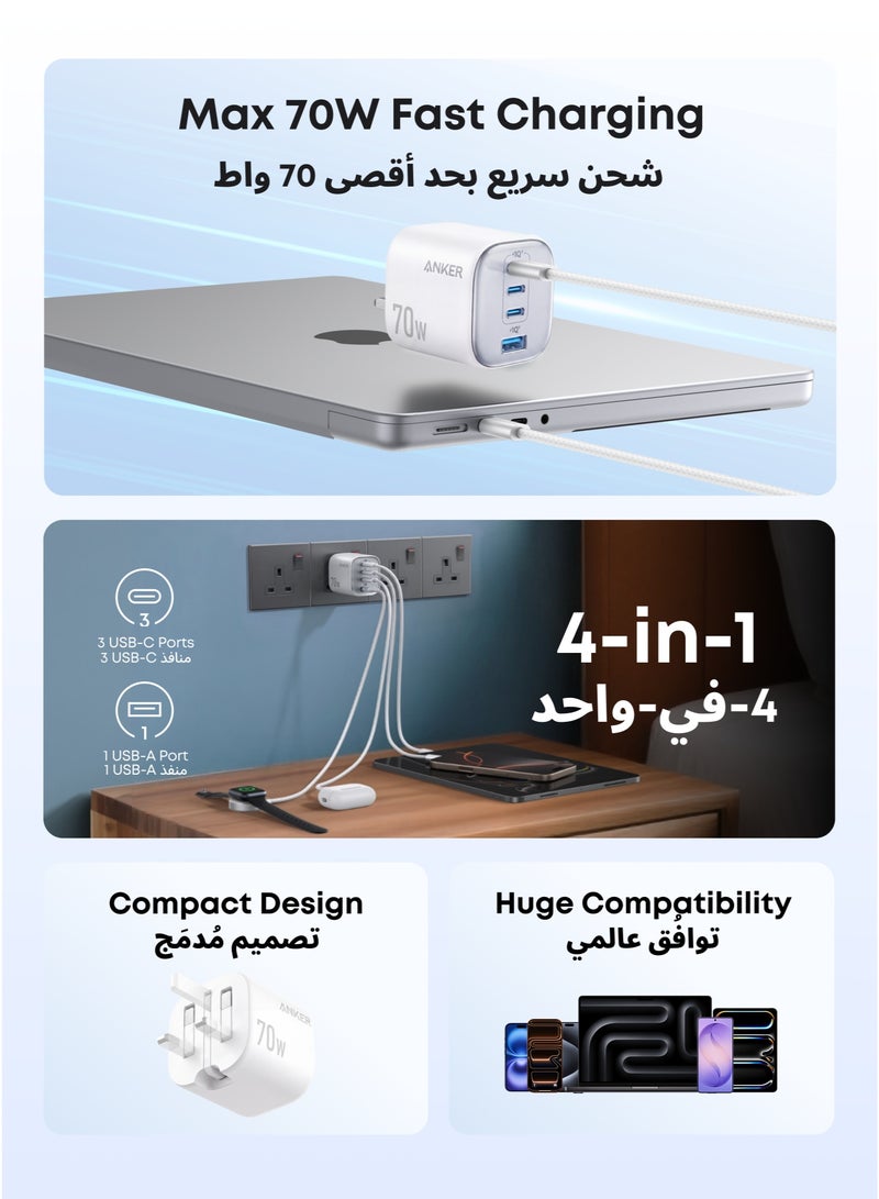 Anker Zolo 4-Port 70W Compact Fast USB-C Charger for Laptop, iPhone 17/16/15 Series, MacBook Air, iPad, Pixel, Samsung Galaxy 26/25, and More (6ft C Cable Included), White - Image 2