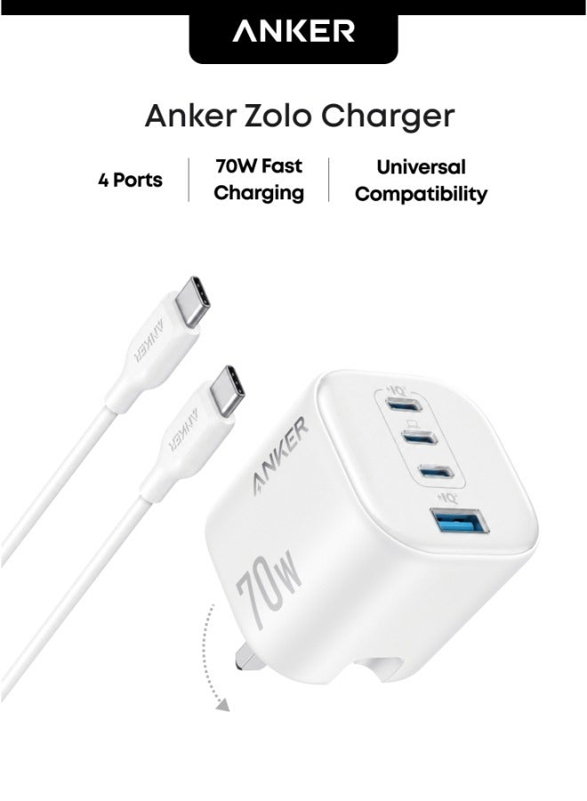 Anker Zolo 4-Port 70W Compact Fast USB-C Charger for Laptop, iPhone 17/16/15 Series, MacBook Air, iPad, Pixel, Samsung Galaxy 26/25, and More (6ft C Cable Included), White - Image 1