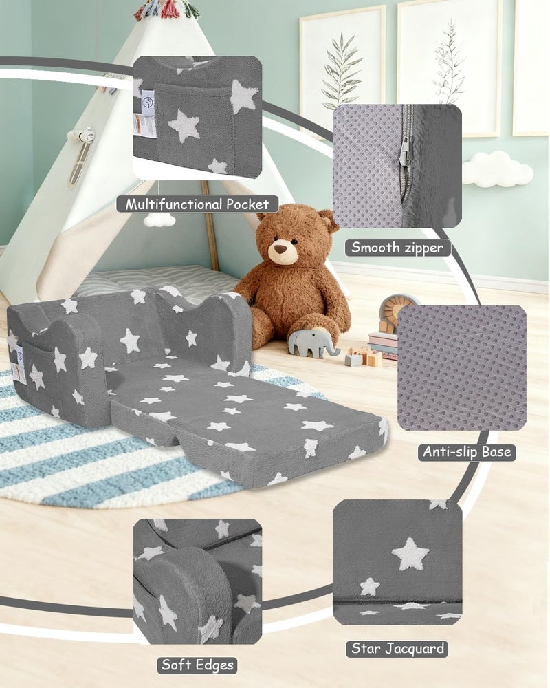 KokoSelene Toddler Couch, Kids Couch for Toddler Fold Out, 2-in-1 Convertible Kid Sofa to Lounger Bed for Girls and Boys, Ideal for Reading Sleeping Gaming Decor (Gray) - Image 4